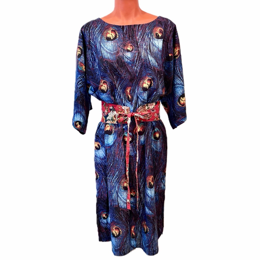Peacock Print Dress with Obi style belt